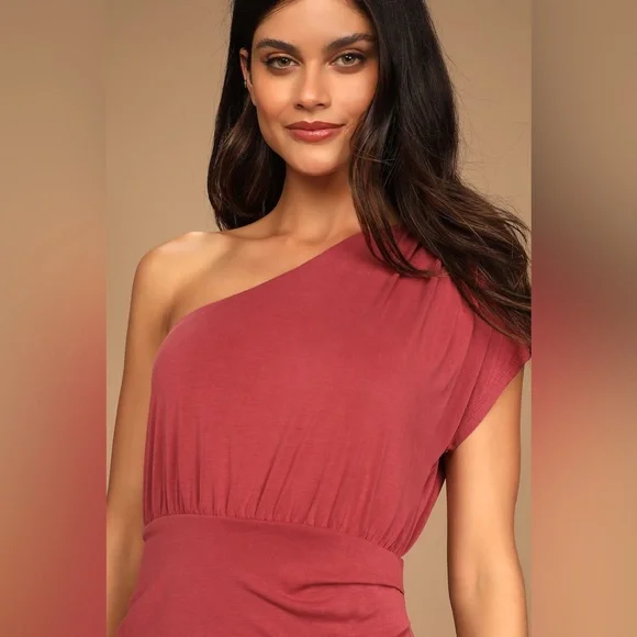 Lulu's Raise a Glass One Shoulder Midi Dress Size S Wedding Cocktail Rusty Rose - Picture 4 of 13